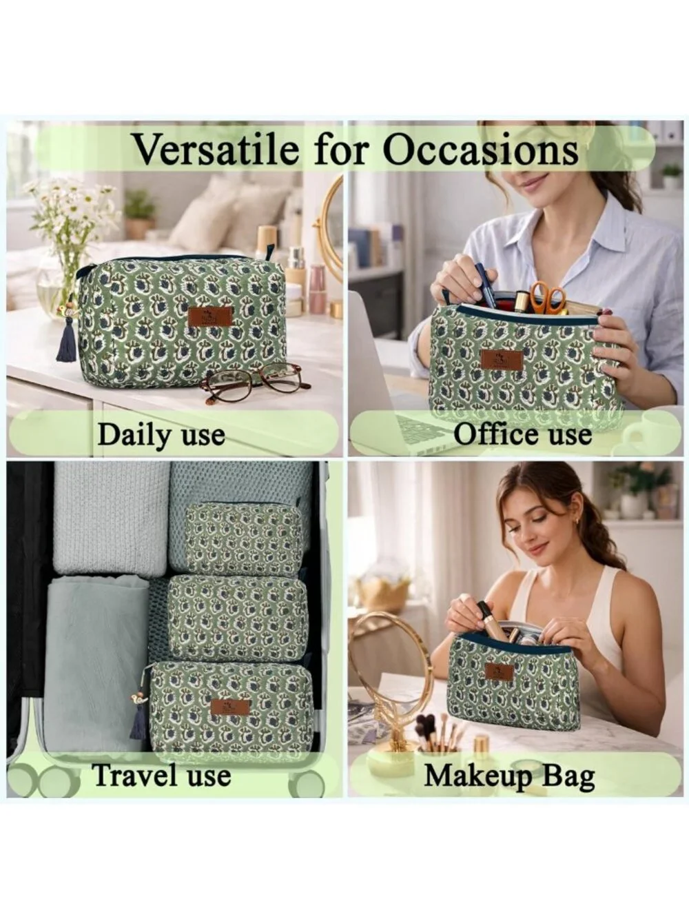 Set of 3 Hand Block Print Toiletry Bags - 100% Cotton, Basil Green Design